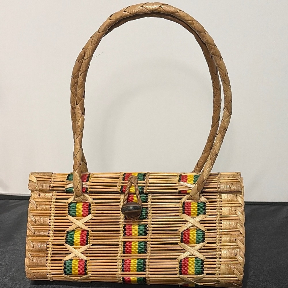 Vintage Bamboo Slat Handbag Rasta Colors Woven Handle Bag Boho